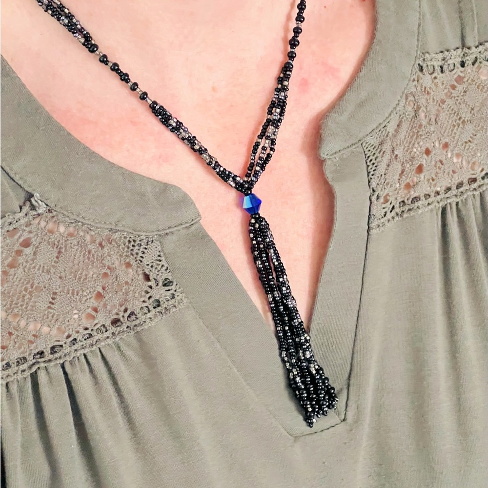 Mini Black Beaded Tassel Necklace